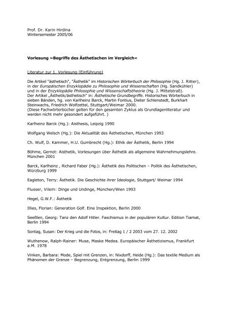 Prof. Dr. Karin Hirdina Wintersemester 2005/06 Vorlesung »Begriffe ...