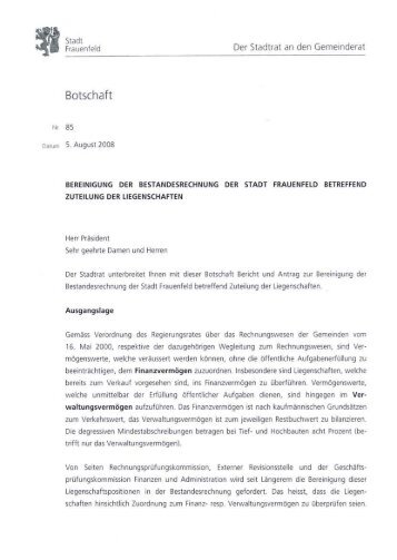 Bereinigung Bestandesrechnung betr. Zuteilung - Stadt Frauenfeld