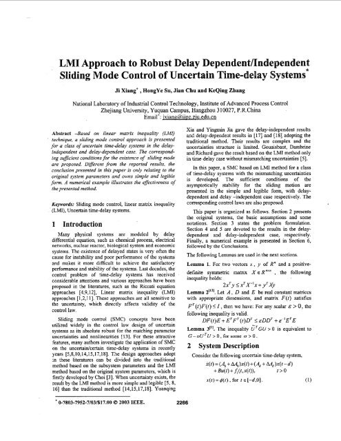 Lmi Approach To Robust Delay Dependentindependent Sliding - 