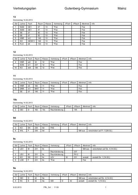 Vertretungsplan - Gutenberg Gymnasium Mainz