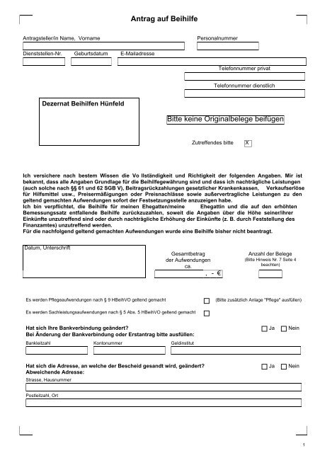 Antrag auf Beihilfe Bitte keine Originalbelege beifügen