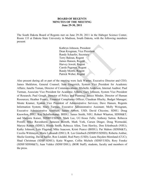 June 29 30 2011 South Dakota Board Of Regents