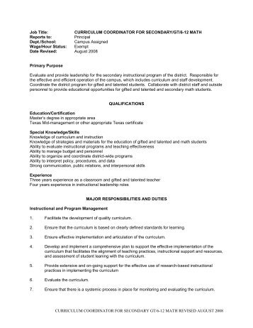 CURRICULUM COORDINATOR FOR SECONDARY GT/6-12 MATH ...