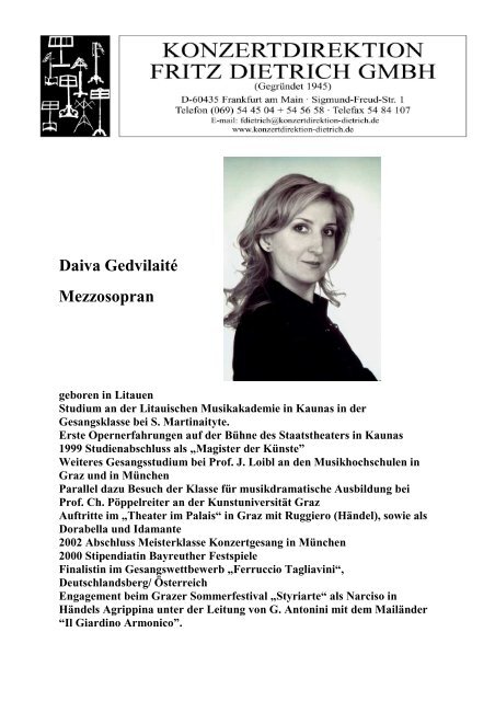 Daiva Gedvilaite, Mezzosopran - Konzertdirektion Dietrich