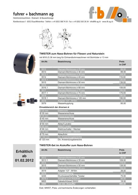 DIAMANT-TOOLS Preisliste 2012 - fuhrer+bachmann AG