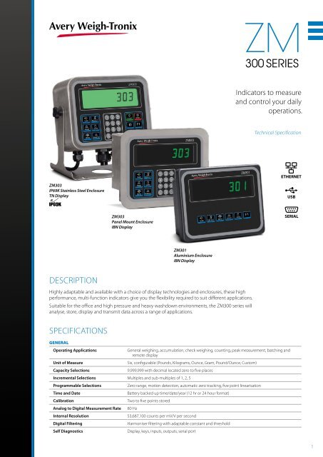 ZM300 Series Indicator Specification Sheet - Avery Weigh-Tronix
