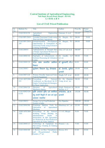 Central Institute of Agricultural Engineering, LIBRARY List of CIAE ...