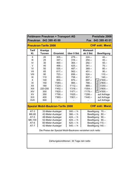 Preisliste 2008 Mail - Feldmann Pneukran + Transport AG