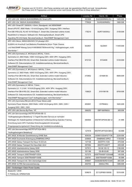 Lieske Elektronik Preisliste - Lieske-Elektronik e.K.