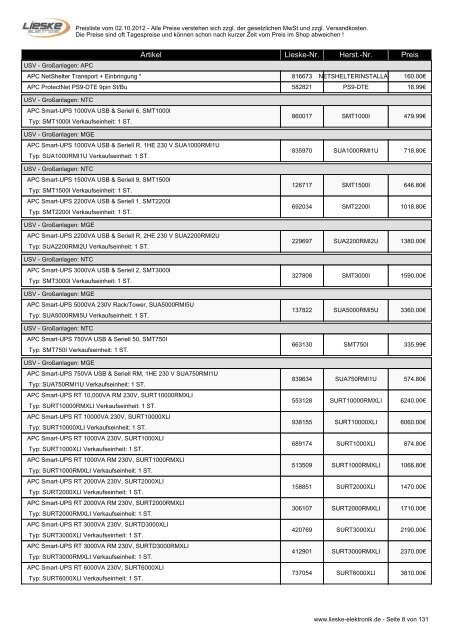 Lieske Elektronik Preisliste - Lieske-Elektronik e.K.