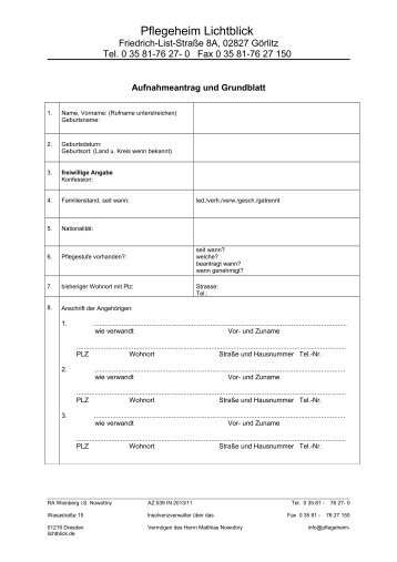 Aufnahmeantrag und Grundblatt - Pflegeheim Lichtblick