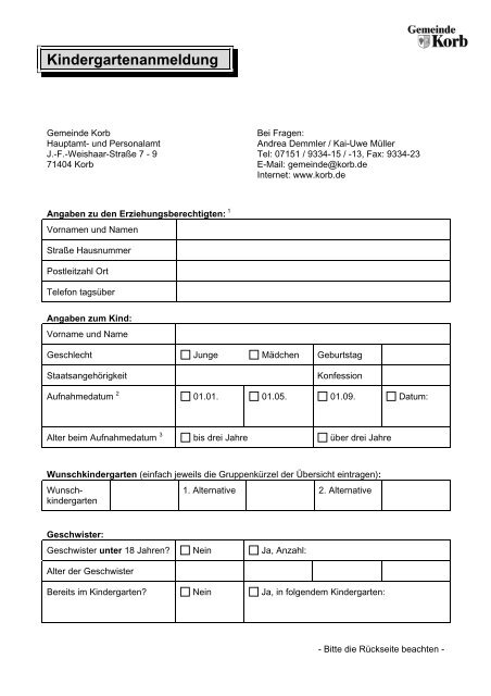 Formular Zur Anmeldung Eines Kindes Im Gemeinde Korb