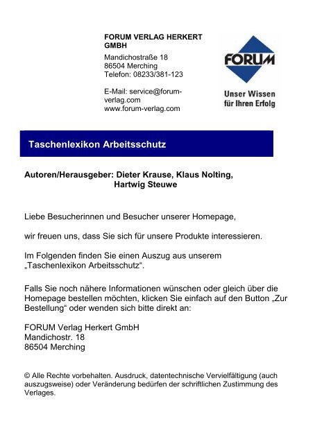 Taschenlexikon Arbeitsschutz - Forum Verlag Herkert GmbH