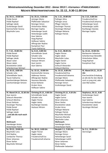Ministranten: Dez 2012 - Jän 2013 - Zeillern
