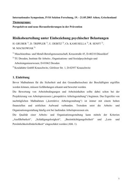 Risikobeurteilung unter Einbeziehung psychischer Belastungen