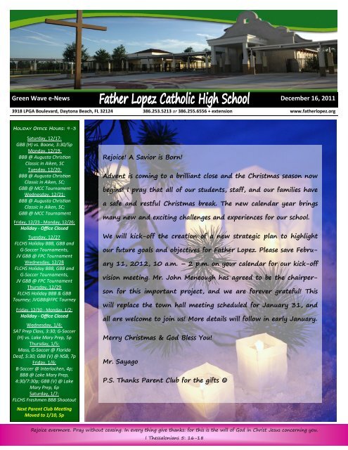 Green Wave e-News December 16, 2011 - Father Lopez High School