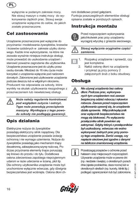 Instrukcja obsługo nożyc elektrycznych GRIZZLY EHS 580 8 - Krysiak