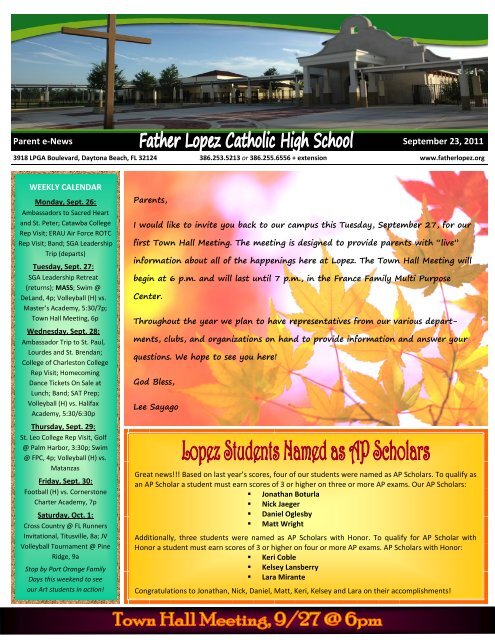 Parent e-News September 23, 2011 - Father Lopez High School