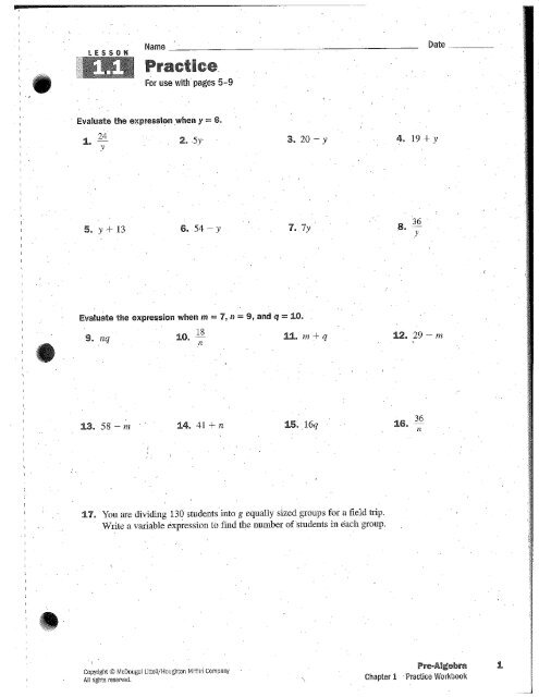 Pre-Algebra Practice workbook 1.1-1.6