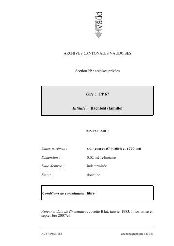 ARCHIVES CANTONALES VAUDOISES - Inventaires des Archives ...