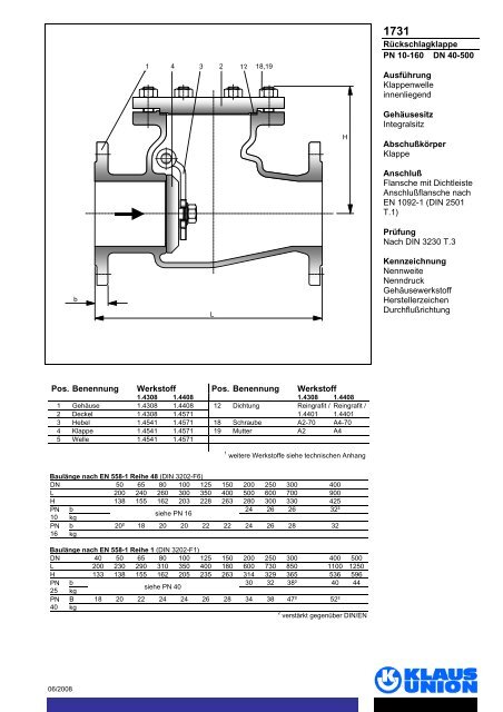 Rückschlagklappe PN 10-160 DN 40-500 Ausführung ... - Klaus Union