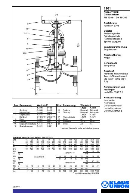 Absperrventil Geradsitzform PN 10-40 DN 15-300 ... - Klaus Union