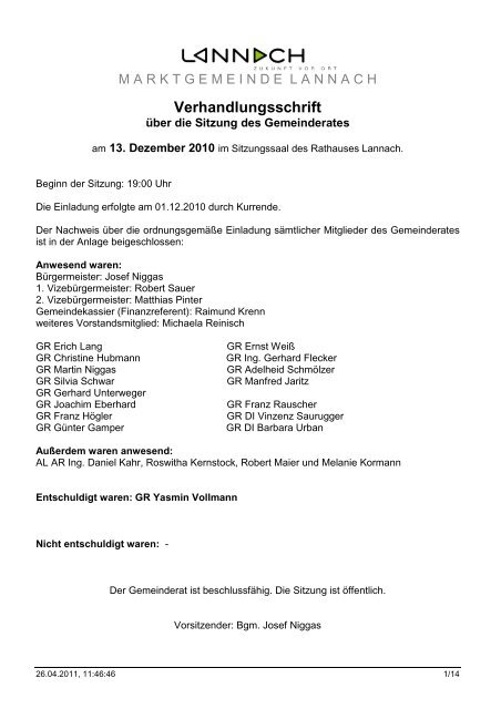 Sitzungsprotokoll von der Gemeinderatssitzung vom 31.12.2010