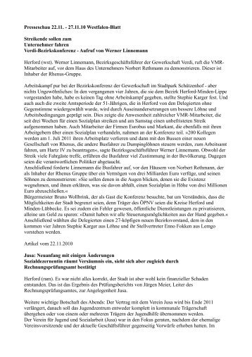 Presseschau 22.11. - 27.11.10 Westfalen-Blatt Streikende sollen ...