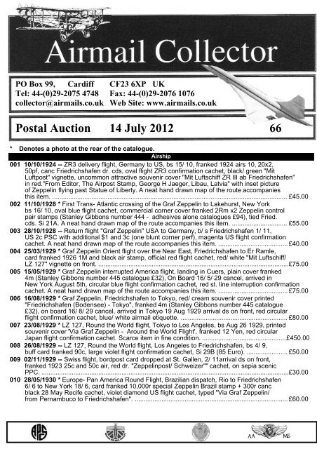 PO Box 99, Cardiff Tel: 44-(0)29-2075 4748 collector@airmails.co ...