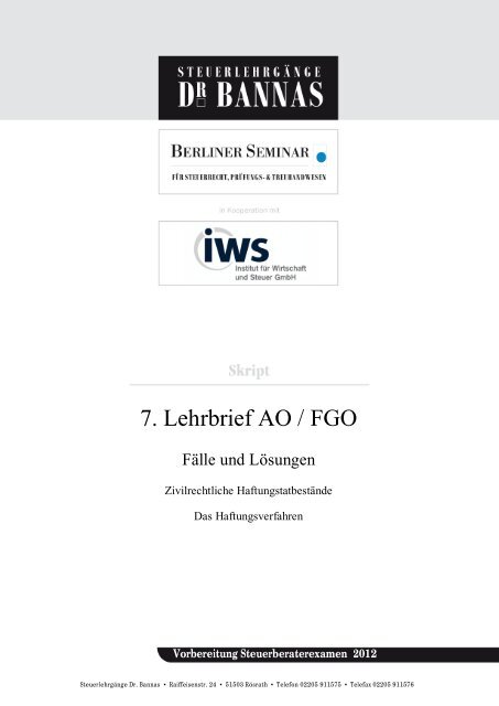 7. Lehrbrief AO / FGO - Steuerlehrgänge Dr. Bannas