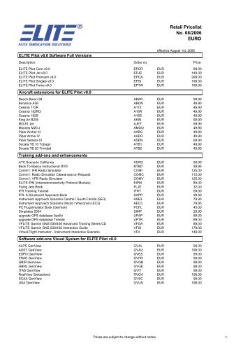 Elite Price List Retail Dealer No. 07 2006v1 - Elite Simulation
