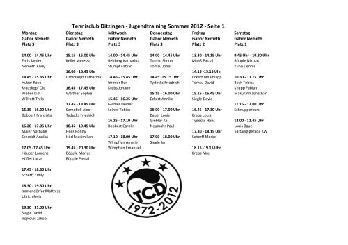 Jugend-Trainingsplan Sommer 2012 - Tennisclub Ditzingen