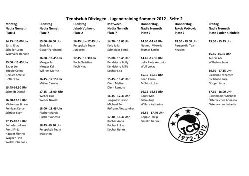Jugend-Trainingsplan Sommer 2012 - Tennisclub Ditzingen