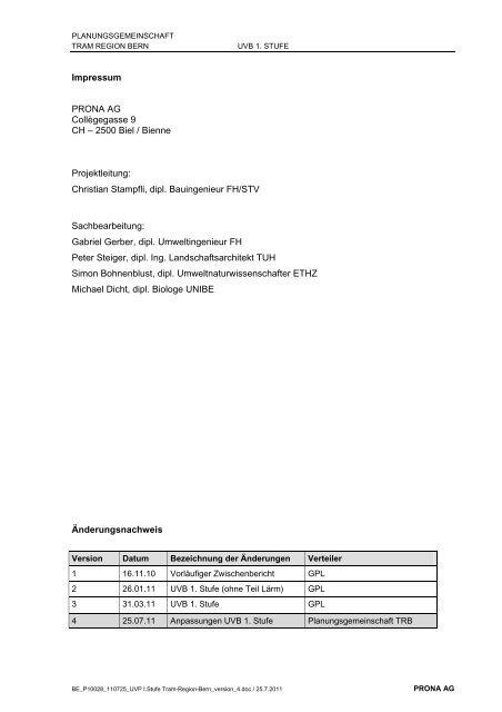 Umweltverträglichkeitsbericht UVB 1. Stufe - Tram Region Bern