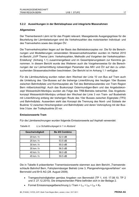 Umweltverträglichkeitsbericht UVB 1. Stufe - Tram Region Bern