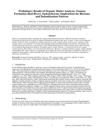 Preliminary Results of Organic Matter Analyses, Yeoman Formation ...