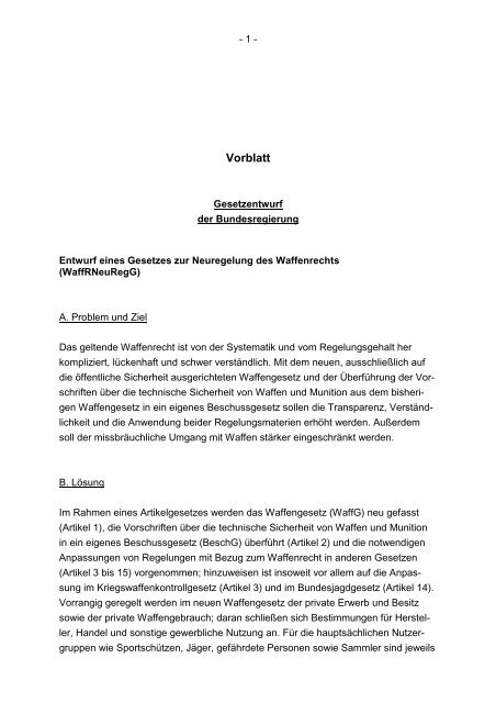Entwurf Eines Gesetzes Zur Neuregelung Des Waffenrechts