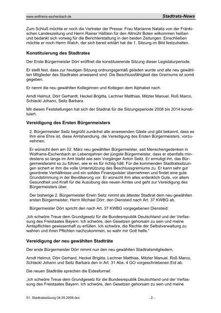 01. Stadtratssitzung vom 07. Mai 2008 - Stadt Wolframs-Eschenbach