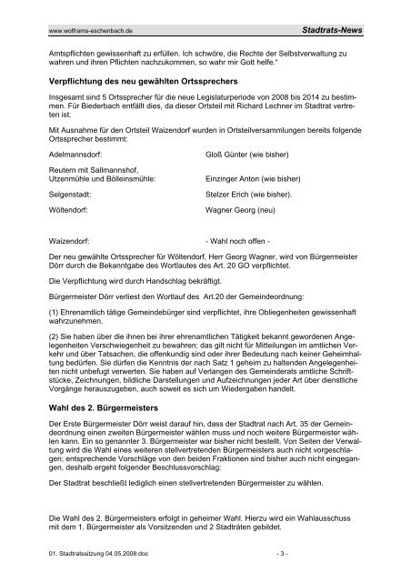 01. Stadtratssitzung vom 07. Mai 2008 - Stadt Wolframs-Eschenbach