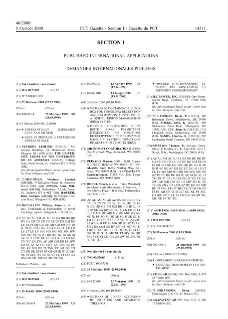PCT/2000/40 : PCT Gazette, Weekly Issue No. 40, 2000 - WIPO