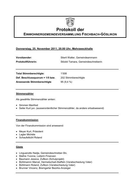 Protokoll der - Gemeinde Fischbach-Göslikon