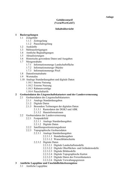 Anlage Gebührentarif (VermWertGebT) Inhaltsübersicht 1 ...