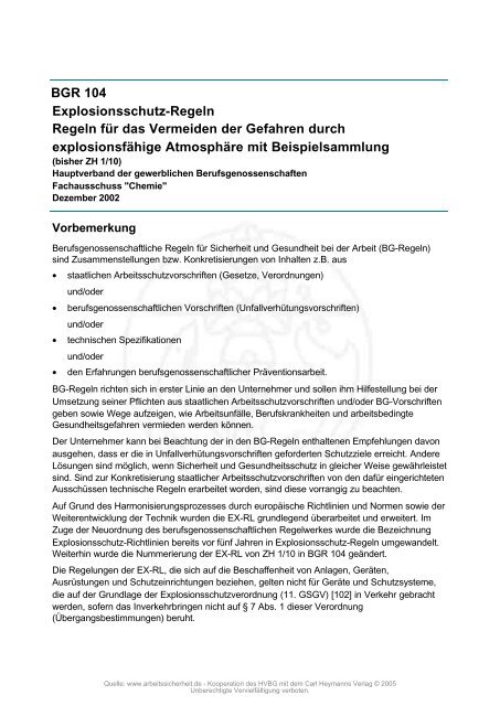 BGR 104 Explosionsschutz-Regeln Regeln für das Vermeiden der ...