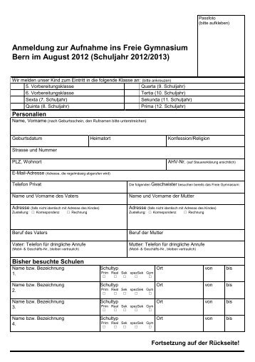 Anmeldung zur Aufnahme ins Freie Gymnasium Bern im ... - fgb.ch