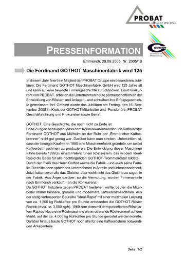 Die Ferdinand Gothot Maschinenfabrik wird 125 (29.09.2005 - Probat
