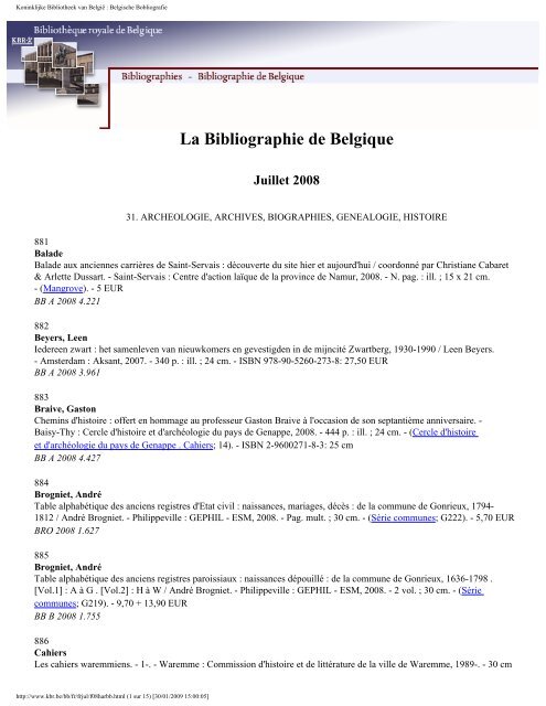 La Bibliographie de Belgique Juillet 2008 - Koninklijke Bibliotheek ...