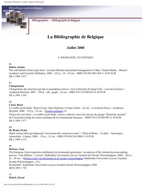 La Bibliographie de Belgique Juillet 2008 - Koninklijke Bibliotheek ...