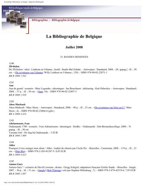 La Bibliographie de Belgique Juillet 2008 - Koninklijke Bibliotheek ...