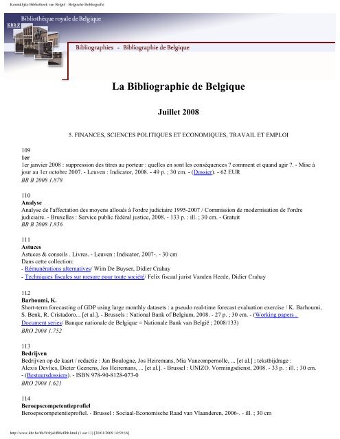 La Bibliographie de Belgique Juillet 2008 - Koninklijke Bibliotheek ...