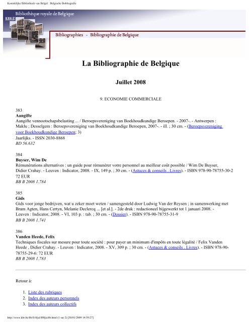 La Bibliographie de Belgique Juillet 2008 - Koninklijke Bibliotheek ...